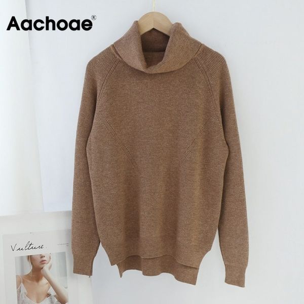 

aachoae solid pullover sweater for women casual office turtleneck sweaters lady hem split batwing sleeve loose base sueter 210413, White;black