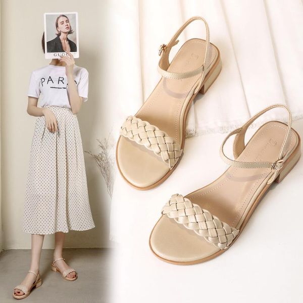 

sandals concise cross band weave women summer shoes buckle strap sandales low thick heels knitted gladiator sandalias femme 2021, Black