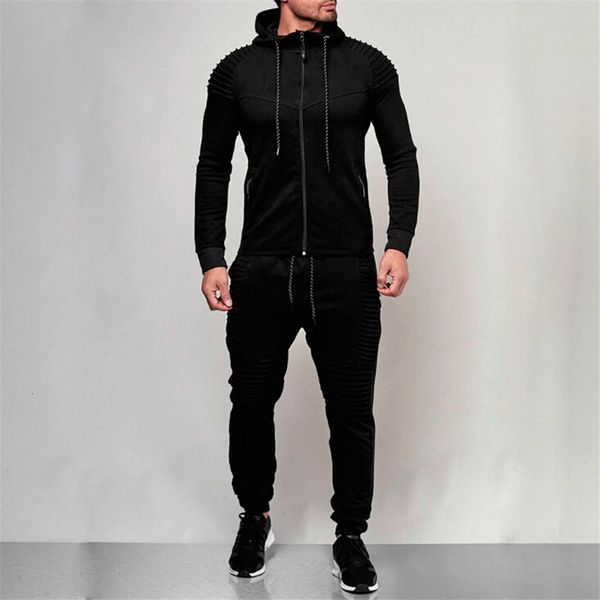 

sports casual fold slim male tracksuits stacked pants matching sets spring autumn long sleeve hooded mens 2pcs, Gray