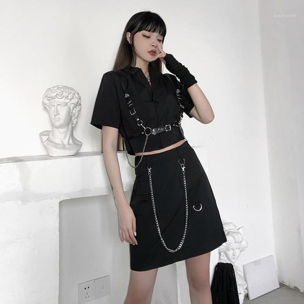 

men's trench coats summer punk style versatile chain belt + dark suit short tooling three piece, Tan;black