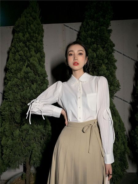 

women's blouses & shirts peter pan collar white long sleeve korean blouse women puff tie button up shirt spring fashion clothe