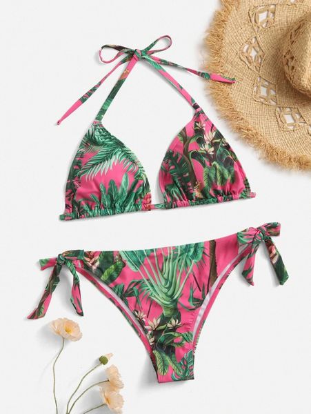 

plus plant print halter triangle bikini swimsuit m1er#, Black