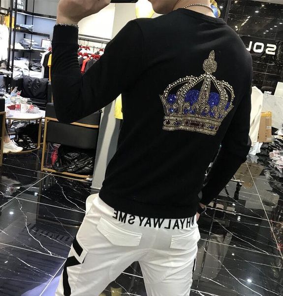 

men's hoodies & sweatshirts cotton rhinestones color casual long sleeve loose design sweatshirt men korean clothes, Black