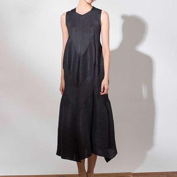 

fashion tide summer women clothes pleated thin styles round neck sleeveless long dresses female wf97111 casual, Black;gray