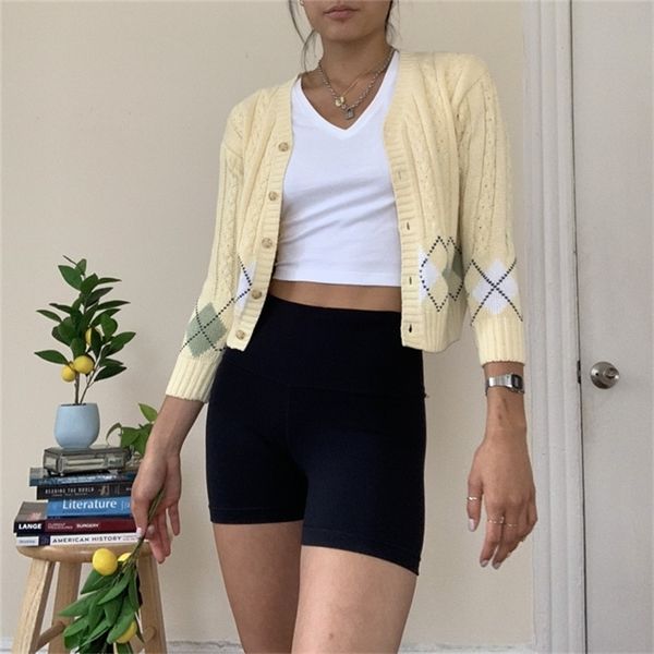 

heyoungirl yellow y2k argyle cropped cardigan women autumn cute casual knitted sweater v neck vintage jumper ladies streetwear, White;black
