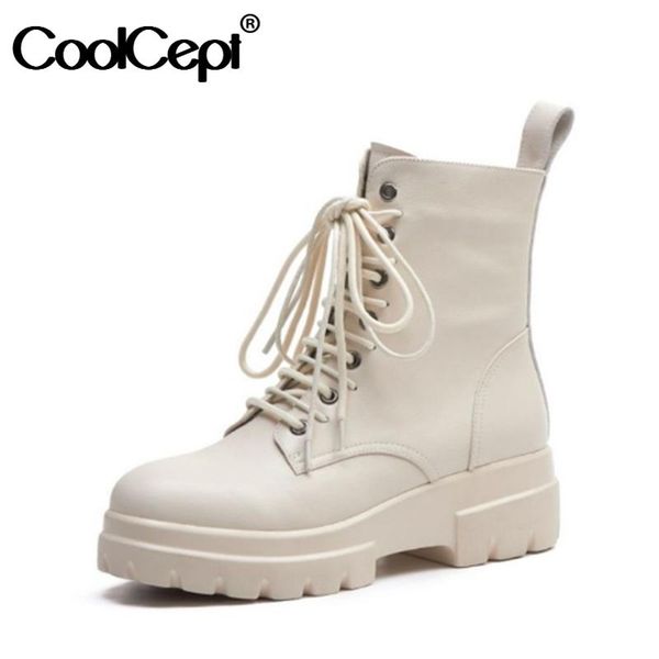 

boots coolcept size 34-42 real leather women ankle sport round toe side zipper shoes cross strap warm daily footwear, Black