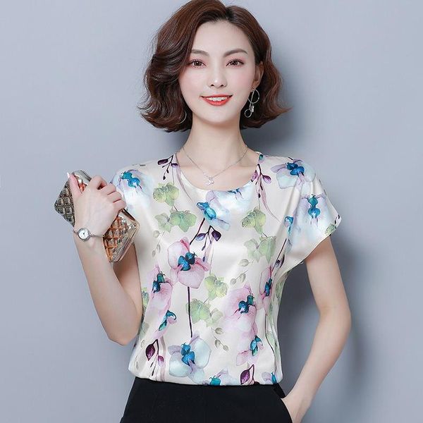 

women's blouses & shirts korean fashion silk women flower print satin white plus size xxxl/4xl blusas femininas elegante ladies