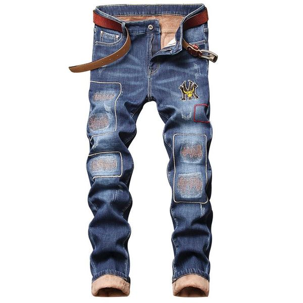 

men's jeans fall and winter ripped slim long pants patch velvet thick, Blue