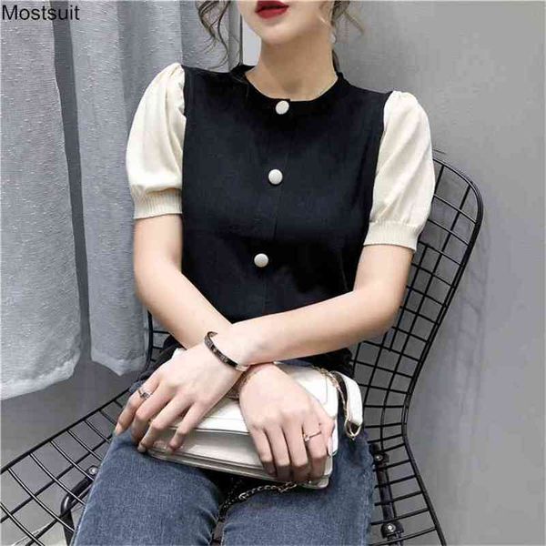 

summer knitted women short puff sleeve colorblock fashion kawaii t-shirt buttons pullover tees shirts clothes korean 210513, White