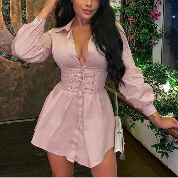 

casual dresses yiciya white 2021 long sleeve shirt dress with corset belt women vintage pink fashion party, Black;gray