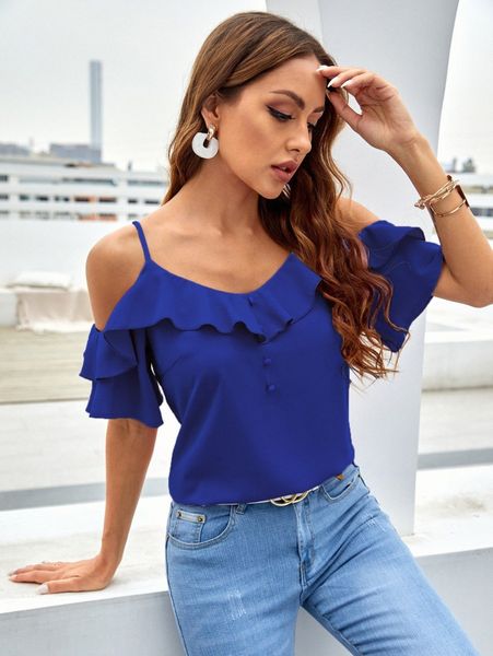 

ruffle trim cold shoulder blouse a0fd#, White