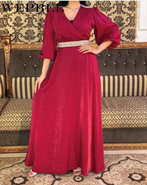 

ethnic clothing wepbel women's casual diamond belt dress muslim arabic dubai puff sleeve v-neck high waist robe, Red