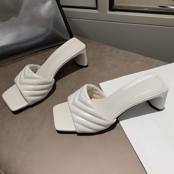 

slippers 2021 fashion elegant women solid color pu leather square toe sandals female heels party dress shoes, Black