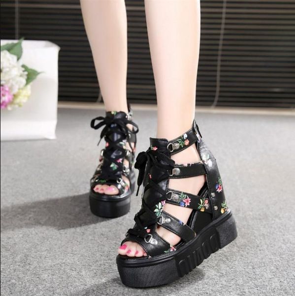 

women high heels 2021 summer wedge fish mouth women's sandals europe station super platform bottom casual, Black