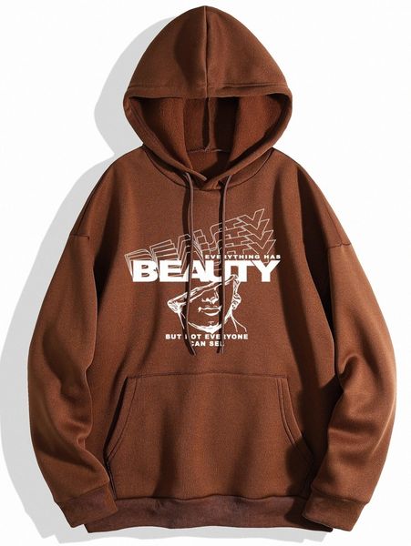 

slogan & figure graphic drawstring thermal lined hoodie k7pi#, White;black