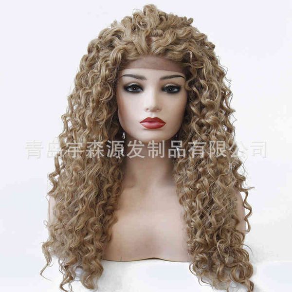 

long front lace wig women's small curly hair fluffy chemical fiber headgear, Black;brown