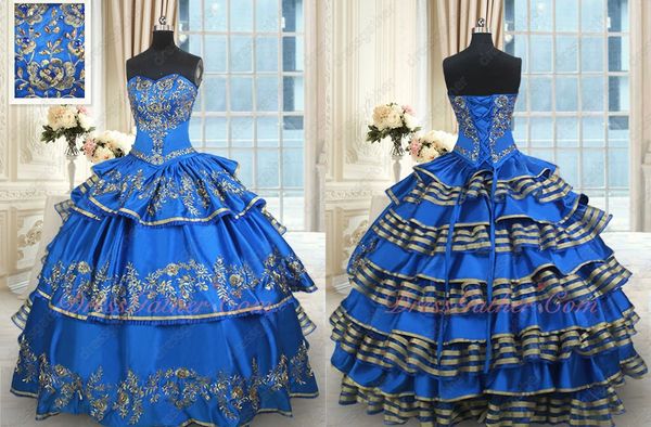 

2022 gorgeous royal blue gold embellishment quinceanera dresses sweetheart mexican xv charro embroidery ruffled vestido de 15 16 anos prom e, Blue;red