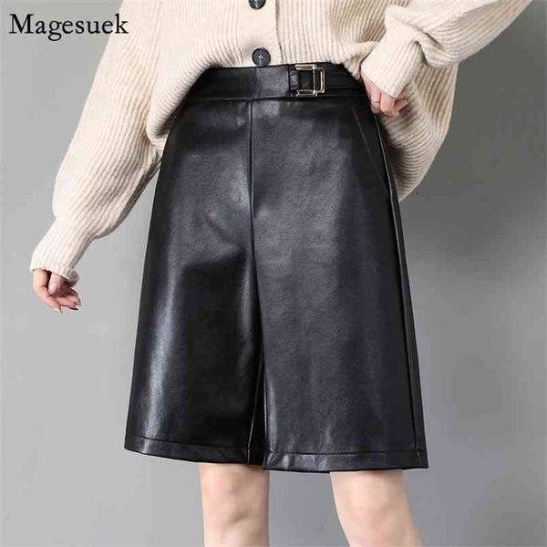 

autumn black pu leather shorts women casual high waist short mujer winter pockets wide leg biker 12134 210512, White;black