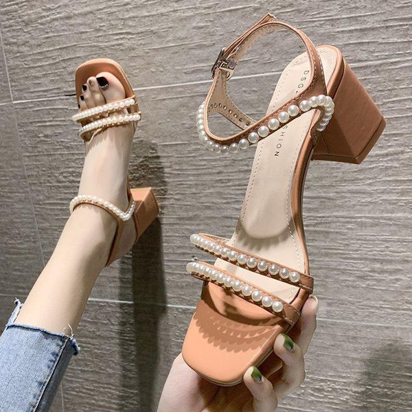 

dress shoes female sandal clear heels buckle strap fashion womens 2021 girls pearl luxury beige high comfort block retro pumps cas, Black