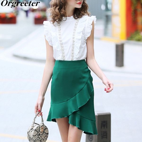 

casual office ladies skirt 2 piece sets summer women ruffled beaded blouse +bodycon ruffles irregular mermaid set 210525, White