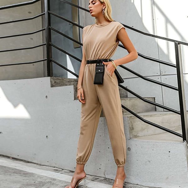 

women's solid round neck sleeveless jumpsuit 2021 spring / summer new elegant one piece pants for women, Black;white