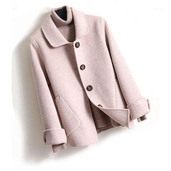 

women's wool & blends 2021 women jacket autumn winter double-faced cashmere single-breasted lattice 100% woolen coats female jaqueta fe, Black
