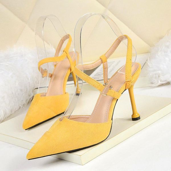 

fashion 2021 summer women's sandals yellow red solid flock shallow high heels shoes metal buckle concise women office sandal 9cm, Black