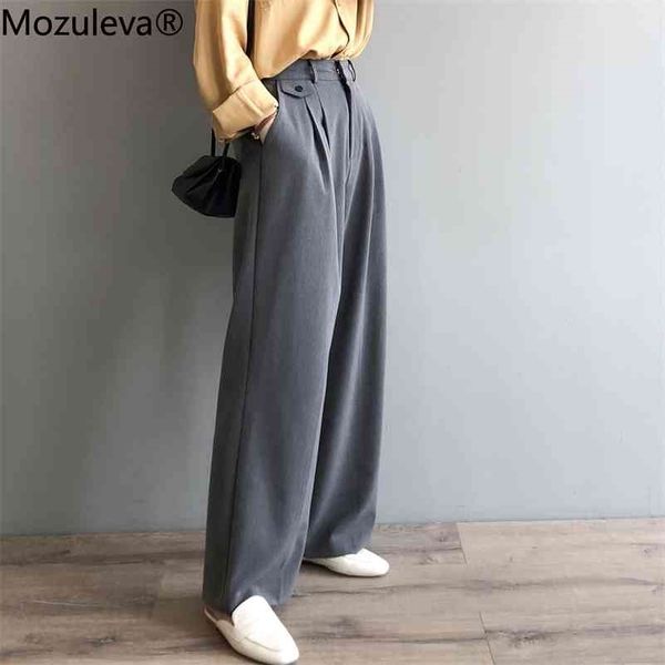 

spring chic solid high waist loose straight pants women office ladies full-length wide leg suit pant long trousers 210416, Black;white
