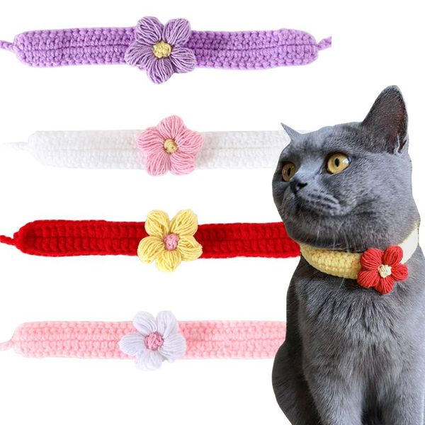 

cat collar with flower cute knitted kitten collars charm handmade adjustable safety for kitty pets cats puppy & leads