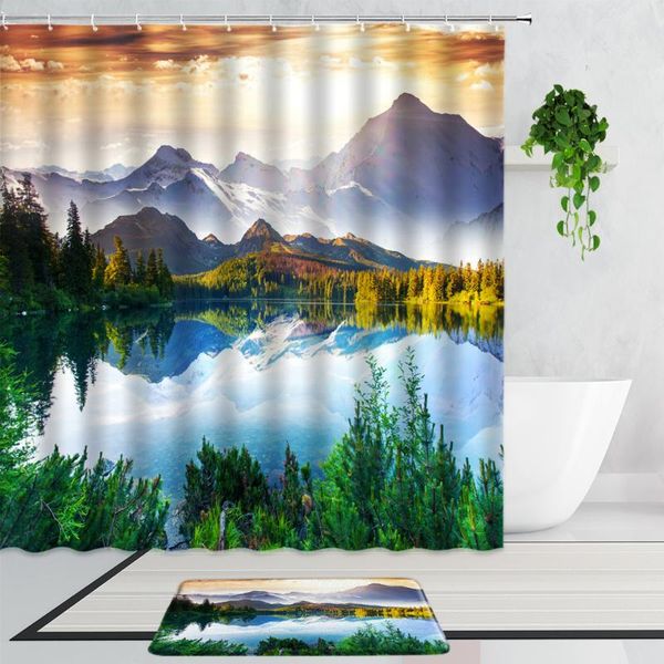 

shower curtains sunshine mountain lake scenery snow forest natural landscape bathroom curtain 2-piece non-slip bath mats carpet