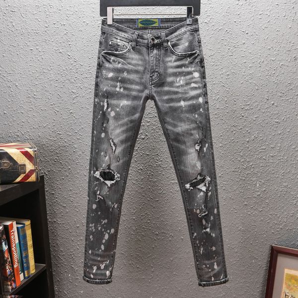 

foreign trade men's rig patch jeans slim-fitting small foot motorcycle pants for young people sell long pant trousers kg-17, Blue