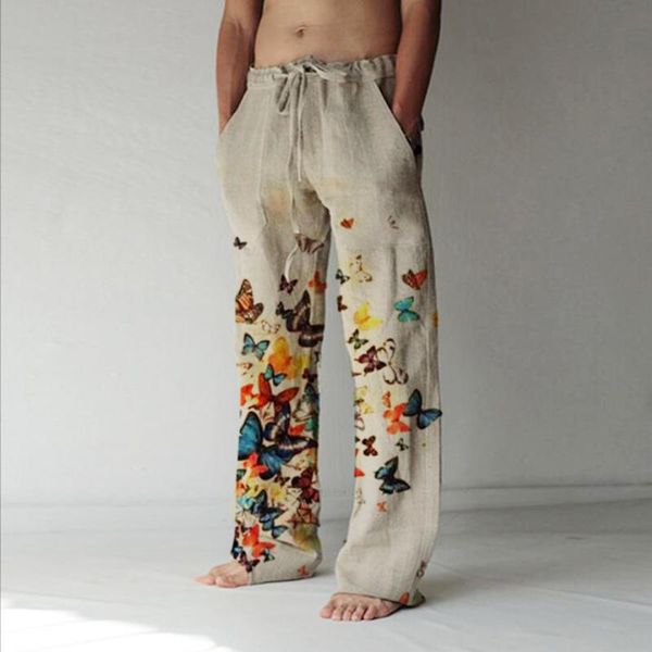 

men's pants summer cotton linen trousers vintage drawstring pocket hip hop avatar butterfly print male plus size loose wide leg, Black