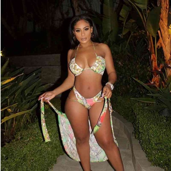 

women's swimwear sleeveless v-neck bikini women three pieces print swimsuit female summer brazilian with mesh cover ups azks, White;black