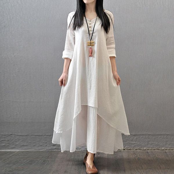 

casual dresses -5xl plus size women dress vintage linen solid long sleeve boho ethnic loose maxi retro vestido mujer, Black;gray