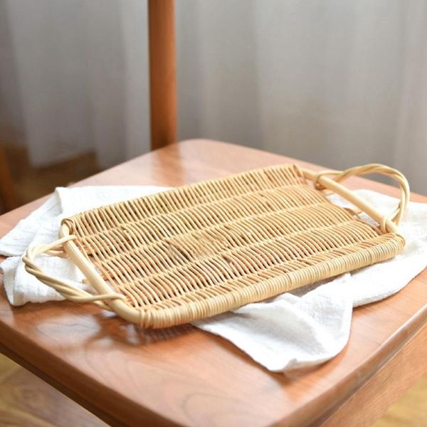 

storage baskets rattan tray double ear handmade bread basket tea dessert plate fruit breakfast multipurpose weaving tableware
