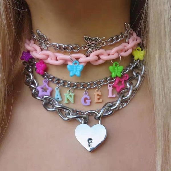 

pendant necklaces y2k jewelry rainbow butterfly necklace for women metal cartoon cute animal vintageharajuku charms 90s aesthetic, Silver