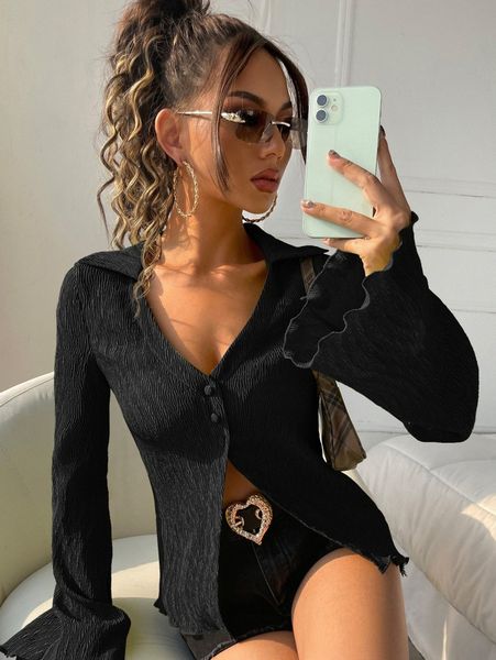 

flounce sleeve lettuce trim blouse c4ax#, White