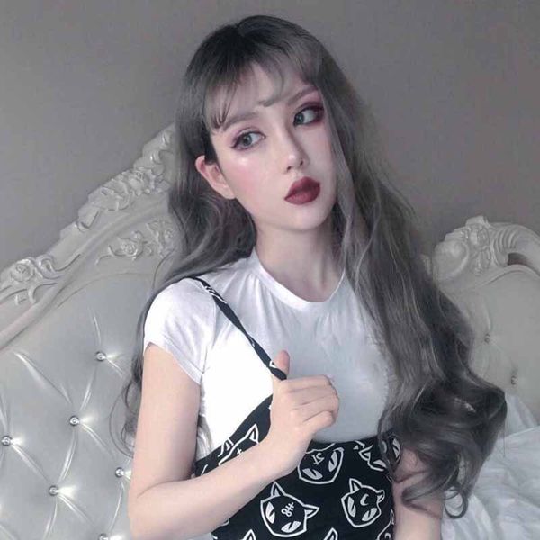 

cosplay anime japanese and korean wig female long curly hair big wave air bangs granny grey full-head, Black