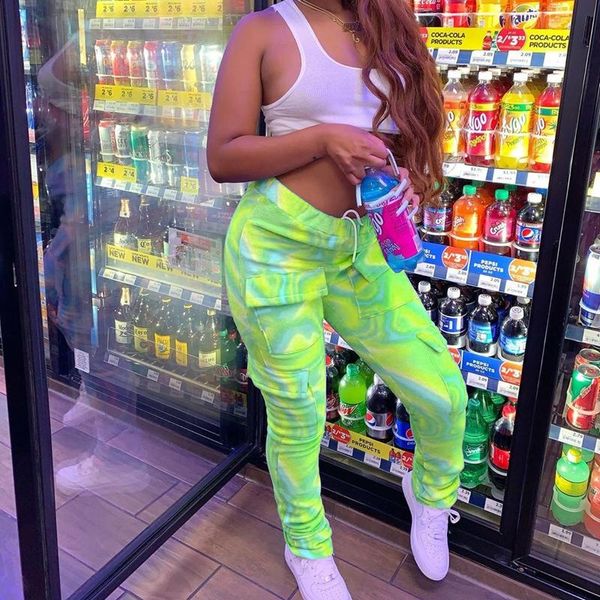 

tie dye print cargo pants women high elastic waist skinny jogger with pocket ankle length ruched stacked sweatpants trousers women's &, Black;white