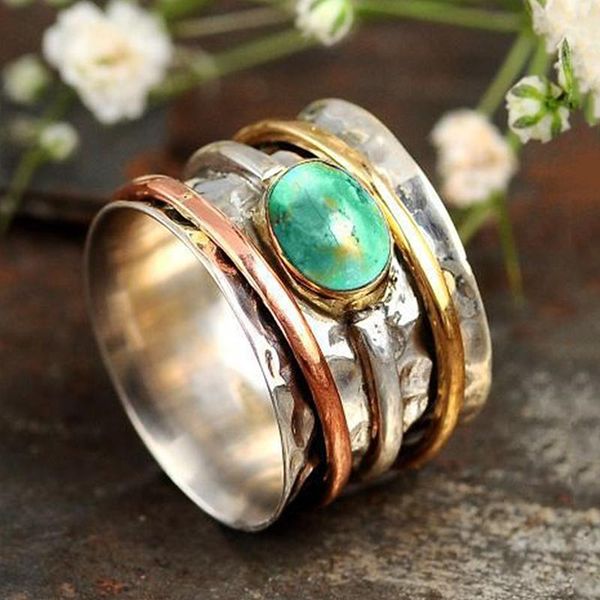 

vintage boho width men ring inlaid oval green stone two tone personality jewelry retro anniversary punk finger rings for women wedding, Slivery;golden