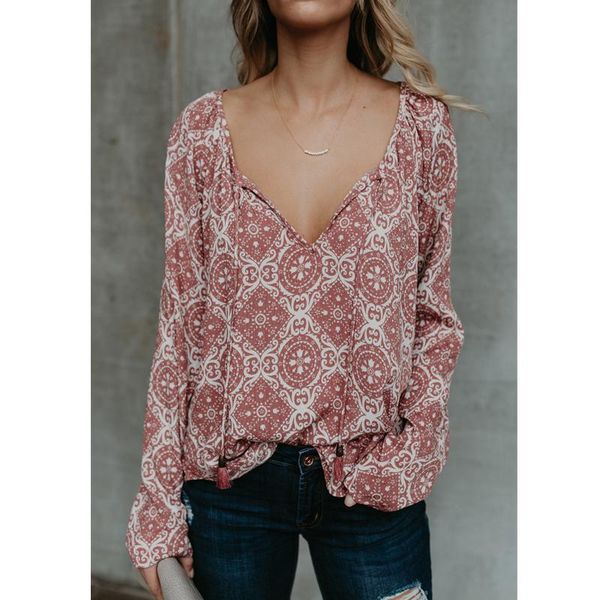 

women's blouses & shirts casual women boho print blouse plus size ladies long sleeve spring female black red shirt for autumn, White