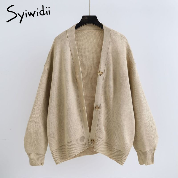 

syiwidii oversized knitted cardigans women harajuku brown sweater autumn winter 2021 korean casual vintage black warm coat