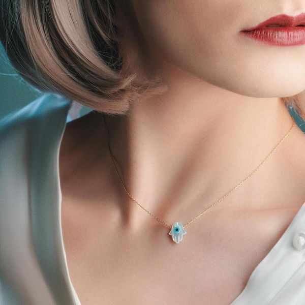 

pendant necklaces vintage hamsa hand shape blue eye necklace women handmade link chain for jewelry gift, Silver