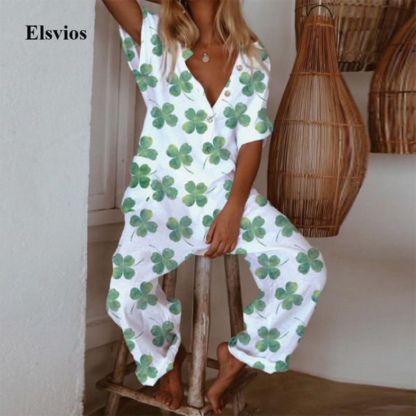 

women's jumpsuits & rompers retro clover leaf print loose jumpsuit 2021 summer spring button short sleeve romper women casual carg, Black;white