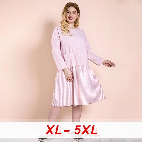 

elegant striped dress woman casual plus size patchwork swing o neck long sleeve oversized female pocket sweet midi dresses women, Black;gray