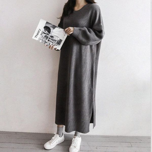 

women autumn winter solid knitted vestido female slim o-neck splited mid-long dress ladies vintage casual loose dresses g80, Black;gray