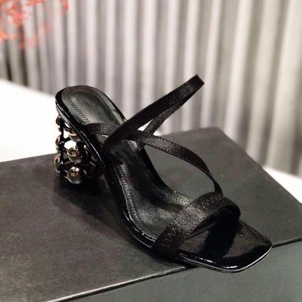 

shoes woman leather sole sandals back strap high heels strange metal decora wang, Black