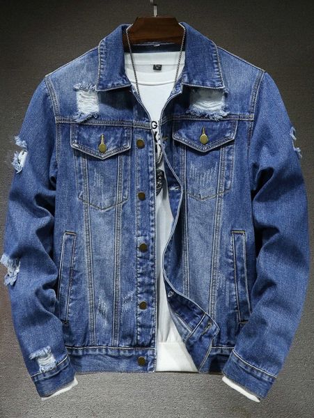 

men 1pc ripped flap pocket denim jacket u6jo#, Blue