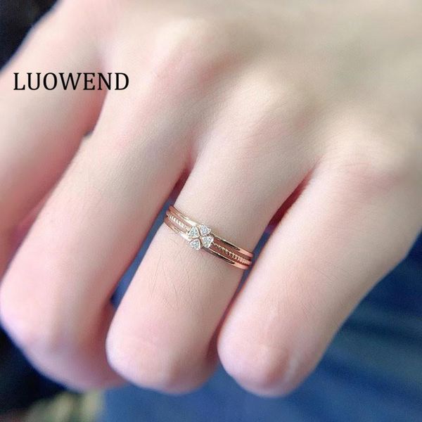 

cluster rings luowend 100% real 18k rose gold ring natural diamond fashion clover shape design bridal set for women, Golden;silver