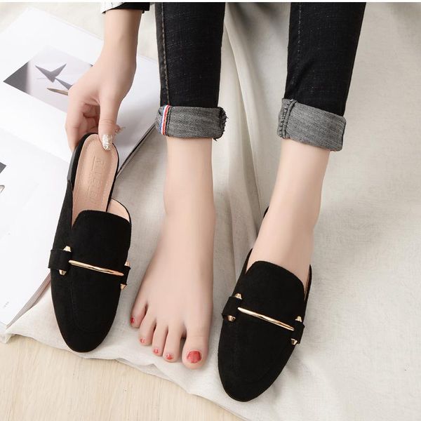 

spring autumn cool half slippers women retro outside large size 41-44 mule shoes cow suede slides flock sandals, Black